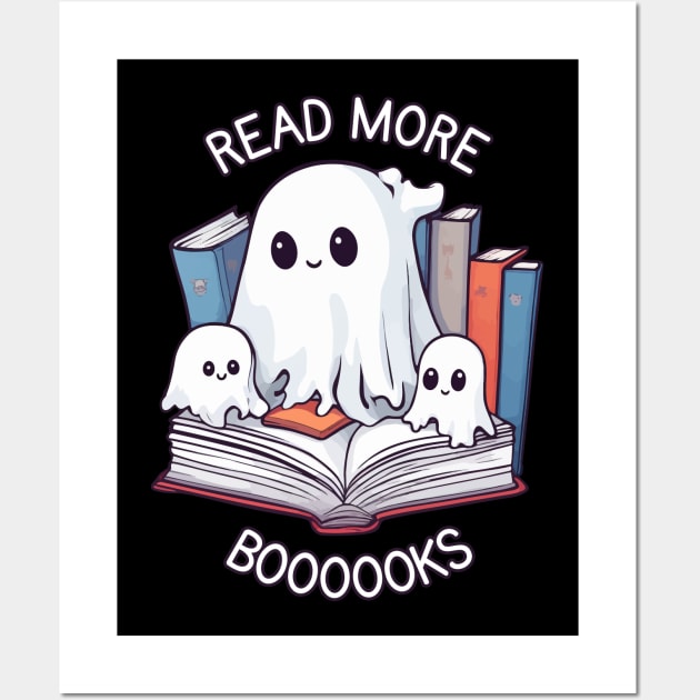 Spooky Reading Fun - Cute Librarian Ghost with Little Book Lovers Wall Art by Rishirt